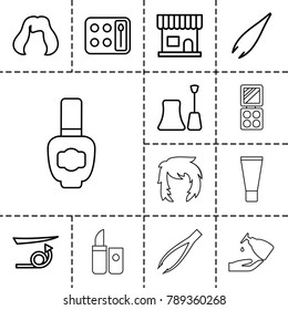 Cosmetic icons. set of 13 editable outline cosmetic icons such as beauty salon, straight hair, tweezers, nail polish, eyeshadow palette, hairstyle, cream tube, lipstick