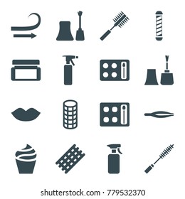 Cosmetic icons. set of 16 editable filled cosmetic icons such as spray bottle, tweezers, hair curler, lips, cream, nail polish, eyeshadow palette, cream box, nailfile
