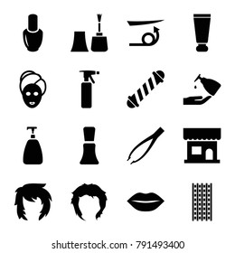 Cosmetic icons. set of 16 editable filled cosmetic icons such as cream tube, nail polish, beauty salon, spray bottle, hair curler, straight hair, soap, hairstyle, spa mask