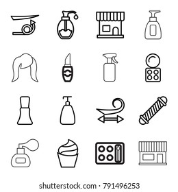 Cosmetic icons. set of 16 editable outline cosmetic icons such as beauty salon, hair curler, curly hair, straight hair, soap, cream, eyeshadow palette, nail polish, perfume