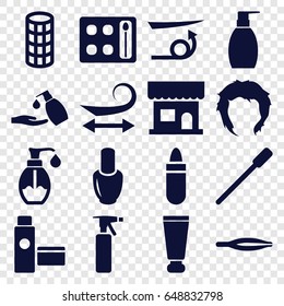 Cosmetic icons set. set of 16 cosmetic filled icons such as cream tube, nail polish, nailfile, beauty salon, spray bottle, tweezers, curly hair, straight hair, lipstick