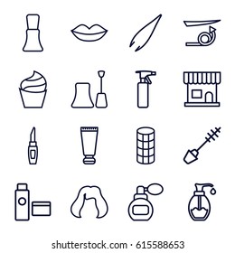 Cosmetic icons set. set of 16 cosmetic outline icons such as perfume, cream tube, beauty salon, spray bottle, straight hair, tweezers, lips, cream, mascara, nail polish