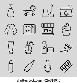 Cosmetic icons set. set of 16 cosmetic outline icons such as cream tube, nail polish, beauty salon, hair curler, curly hair, lipstick, tweezers, soap, cream, make up bag