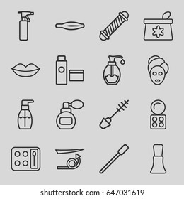 Cosmetic icons set. set of 16 cosmetic outline icons such as perfume, nailfile, spray bottle, tweezers, hair curler, straight hair, lips, make up bag, mascara