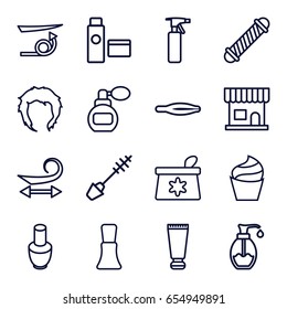 Cosmetic icons set. set of 16 cosmetic outline icons such as perfume, cream tube, nail polish, beauty salon, spray bottle, tweezers, hair curler, curly hair, straight hair
