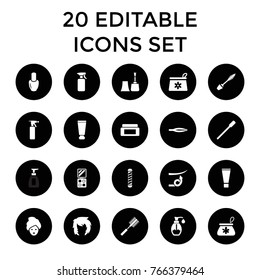 Cosmetic icons. set of 20 editable filled cosmetic icons such as cream tube, nail polish, cream box, nailfile, spray bottle, tweezers, make up bag, mascara, soap, hair curler