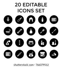 Cosmetic icons. set of 20 editable filled cosmetic icons such as beauty salon, hair curler, lipstick, nail polish, eyeshadow palette, liquid soap, perfume, cream box, nailfile