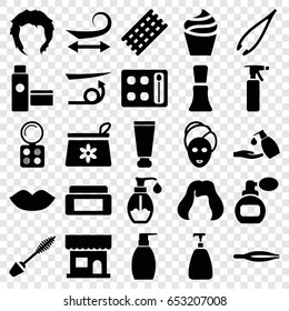Cosmetic icons set. set of 25 cosmetic filled icons such as perfume, cream tube, cream box, beauty salon, spray bottle, tweezers, hair curler, curly hair, straight hair, lips