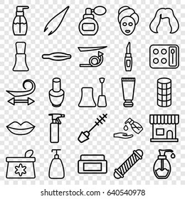 Cosmetic icons set. set of 25 cosmetic outline icons such as perfume, cream tube, nail polish, cream box, beauty salon, spray bottle, tweezers, hair curler, curly hair