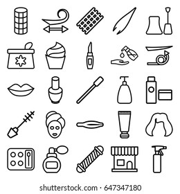 Cosmetic icons set. set of 25 cosmetic outline icons such as perfume, cream tube, nail polish, nailfile, beauty salon, spray bottle, tweezers, hair curler, curly hair
