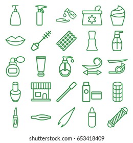 Cosmetic icons set. set of 25 cosmetic outline icons such as perfume, cream tube, nail polish, nailfile, beauty salon, spray bottle, tweezers, hair curler, curly hair