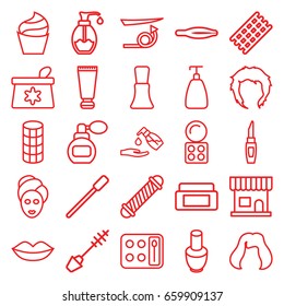 Cosmetic icons set. set of 25 cosmetic outline icons such as perfume, cream tube, nail polish, cream box, nailfile, beauty salon, tweezers, hair curler, straight hair, lips