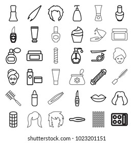 Cosmetic icons. set of 36 editable outline cosmetic icons such as perfume, cream tube, nail polish, cream box, tweezers, hair curler, straight hair, lipstick, lips, soap