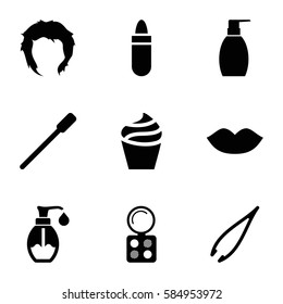 cosmetic icons set. Set of 9 cosmetic filled icons such as nailfile, lipstick, tweezers, lips, cream, eyeshadow palette, hairstyle, bottle soap
