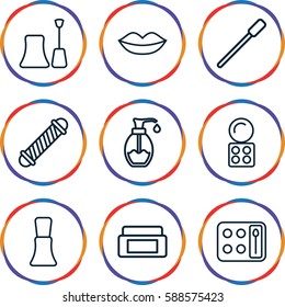 cosmetic icons set. Set of 9 cosmetic outline icons such as cream box, nailfile, hair curler, lips, nail polish, eyeshadow palette