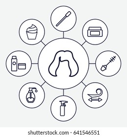 Cosmetic icons set. set of 9 cosmetic outline icons such as cream box, nailfile, spray bottle, curly hair, cream, mascara, hairstyle, soap