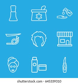 Cosmetic icons set. set of 9 cosmetic outline icons such as beauty salon, straight hair, make up bag, nail polish, hairstyle, spa mask, lipstick, liquid soap