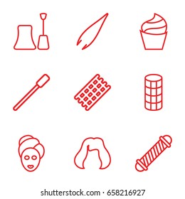 Cosmetic icons set. set of 9 cosmetic outline icons such as nailfile, hair curler, tweezers, cream, nail polish, spa mask