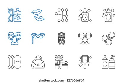 cosmetic icons set. Collection of cosmetic with perfume, hand mirror, massage, hand bag, cotton swab, makeup remover wipes, face mask, mask. Editable and scalable cosmetic icons.