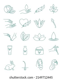 cosmetic icons set cosmetic cream, sensitive skin, aloe Vera gel, spa, natural cream, cruelty-free, protect from UV ray, dropper, aromatherapy, foot care , nail care