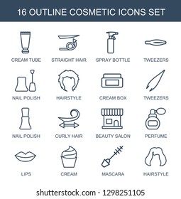 cosmetic icons. Trendy 16 cosmetic icons. Contain icons such as cream tube, straight hair, spray bottle, tweezers, nail polish, hairstyle, cream box. cosmetic icon for web and mobile.