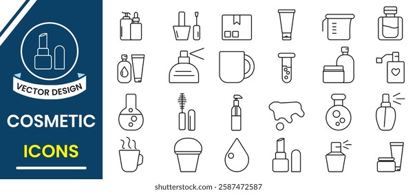 Cosmetic icons, vector collection. Cosmetic, beauty icon line.  Cream bottle, lipstick, brush makeup,  Clear Complexion, cleansing foam, refreshing wash, micellar water vector illustration.