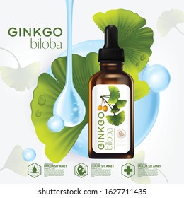 cosmetic illustration with ginkgo biloba, green leaves. Skincare, moisturizing cream in tube, natural cosmetics. 