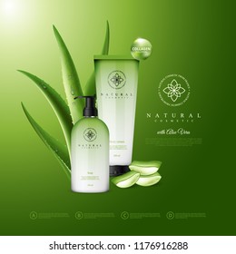 Cosmetic illustration for the promotion of cosmetic products with aloe vera medicinal plant with fresh drops of water on light bokeh background.  Containers and tubes for cream and soup in vector