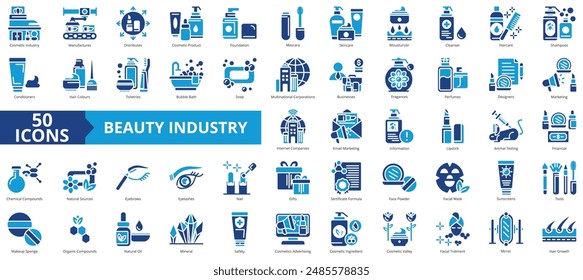 Conjunto de colección de iconos de la industria cosmética. Conteniendo fabrica, distribuye, producto cosmético, base, rímel, cuidado de la piel, hidratante icono. Sencillo Vector plano.