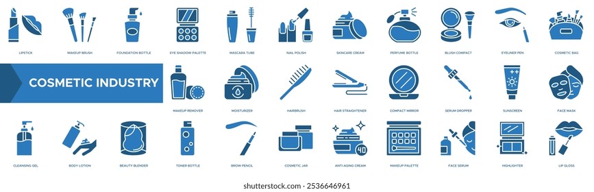 Icono de la industria cosmética. Lápiz labial, cepillo del maquillaje, botella de la fundación, paleta de la sombra de ojos, tubo del rímel