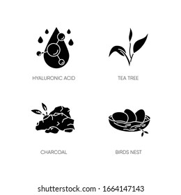 Cosmetic ingredient black glyph icons set on white space. Hyaluronic acid. Tea tree. Charcoal. Birds nest. Skincare treatment. Korean beauty. Silhouette symbols. Vector isolated illustration
