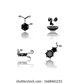 Cosmetic ingredient drop shadow black glyph icons set. Salicylic acid. Egg white. Ceramides formula. Azulene molecular structure. Beauty compound. Isolated vector illustrations on white space