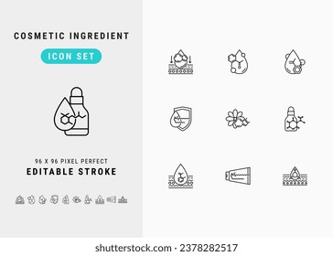 Cosmetic Ingredient Includes Azulene, Niacinamide, Salicylic Acid, Ceramide and Retinol. Line Icons Set. Editable Stroke Vector Stock. 96 x 96 Pixel Perfect.