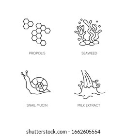 Cosmetic ingredient pixel perfect linear icons set. Honey comb. Seaweed underwater. Snail mucin. Customizable thin line contour symbols. Isolated vector outline illustrations. Editable stroke