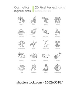 Cosmetic ingredient pixel perfect linear icons set. Exfoliating treatment. Chemical formulas. Customizable thin line contour symbols. Isolated vector outline illustrations. Editable stroke