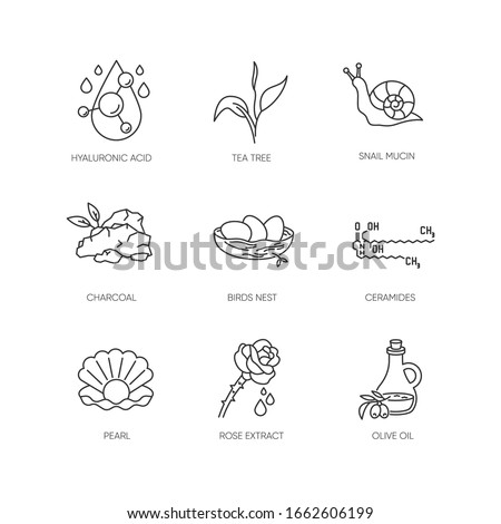 Cosmetic ingredient pixel perfect linear icons set. Chemical formula. Dermatology treatment. Customizable thin line contour symbols. Isolated vector outline illustrations. Editable stroke