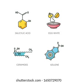 Cosmetic ingredient RGB color icons set. Salicylic acid. Egg white. Ceramides formula. Azulene molecular structure. Beauty compound. Skincare. Korean beauty. Isolated vector illustrations