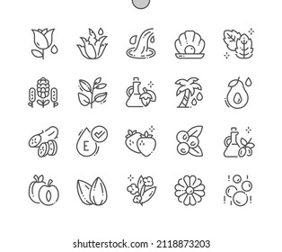 Cosmetic ingredients. Cucumber, rose, aloe vera, mint, lavender, jojoba and other. Vitamin E. Organic beauty and cosmetology. Pixel Perfect Vector Thin Line Icons. Simple Minimal Pictogram