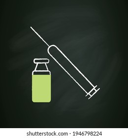 Cosmetic injection chalk icon. Medicine vial and syringe. Full vial. Beauty injections. Vaccination. Mini-surgery. Cosmetic procedure concept. Isolated vector illustration on chalkboard