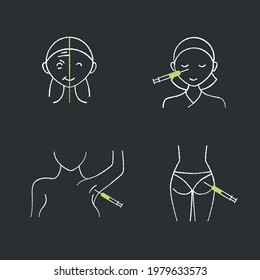 Cosmetic injection chalk icons set.Beauty correction. Eyes, eyebrows injection. Rejuvenation. Perfect procedure price. Cosmetic procedure.Isolated vector illustrations on chalkboard