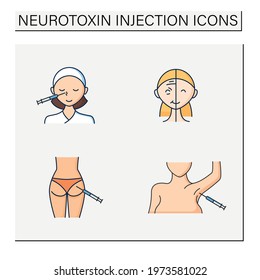 Cosmetic injection color icons set.Beauty correction. Eyes, eyebrows injection. Rejuvenation. Perfect procedure price. Cosmetic procedure.Isolated vector illustrations