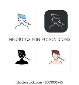 Iconos cosméticos para inyección.Hombre haciendo inyección bajo los ojos, alrededor de los ojos.Cirugía.Jeringa completa. Procedimiento cosmético de belleza.Colección de iconos en estilos lineales, rellenos y de color.Iconos vectoriales aislados