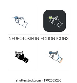 Cosmetic injection icons set. Full medicine syringe. Hand keep syringe. Ready to injection. Cosmetic procedure.Collection of icons in linear, filled, color styles.Isolated vector illustrations