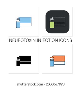 Cosmetic injection icons set. Full medicine vial. Vaccination. Medications.Mesotherapy. Cosmetic procedure concept.Collection of icons in linear, filled, color styles.Isolated vector illustrations