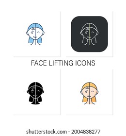 Cosmetic injection icons set.Before and after injection.Face lifting. Rejuvenation.Comparison.Beauty cosmetic procedure.Collection of icons in linear,filled, color styles.Isolated vector illustrations