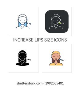 Cosmetic injection icons set.Injection in lips. Increase lips size.Form correction. Rejuvenation.Beauty procedure.Collection of icons in linear, filled, color styles.Isolated vector illustrations 