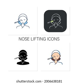 Cosmetic injection icons set.Woman doing injection into nose. Nose lifting.Rejuvenation.Beauty cosmetic procedure.Collection of icons in linear, filled, color styles.Isolated vector illustrations