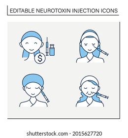 Cosmetic injection line icons set.Beauty correction. Eyes, eyebrows injection. Rejuvenation. Perfect procedure price. Cosmetic procedure. Isolated vector illustrations.Editable stroke