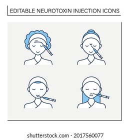 Iconos de la línea de inyección cosmética. Corrección de belleza. Rejuvenecimiento. Inyecciones de la frente, la barbilla y la nariz. Concepto de procedimiento cosmético. Isolación de ilustraciones vectoriales.Accionamiento editable