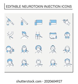 Cosmetic injection line icons set.Beauty correction. Rejuvenation. Vaccination. Cosmetic procedure concept. Isolated vector illustrations.Editable stroke